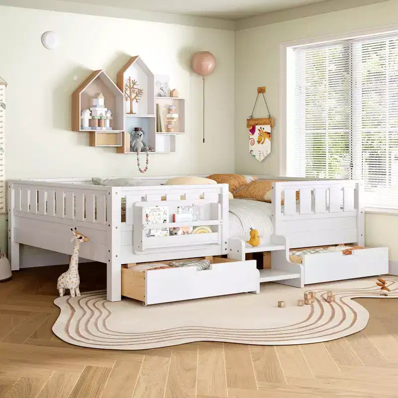 Bellemave Queen Size Toddler Bed with 14 Safety Guardrails, Space-saving Bed Frame with Built-in Bookshelves & 2 Under-Bed Storage Drawers