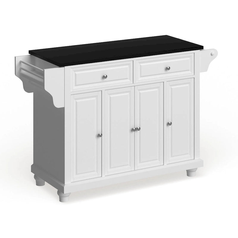 Îlot de cuisine blanc style ferme avec plateau en granit noir, 2 tiroirs et meuble de rangement à 4 portes