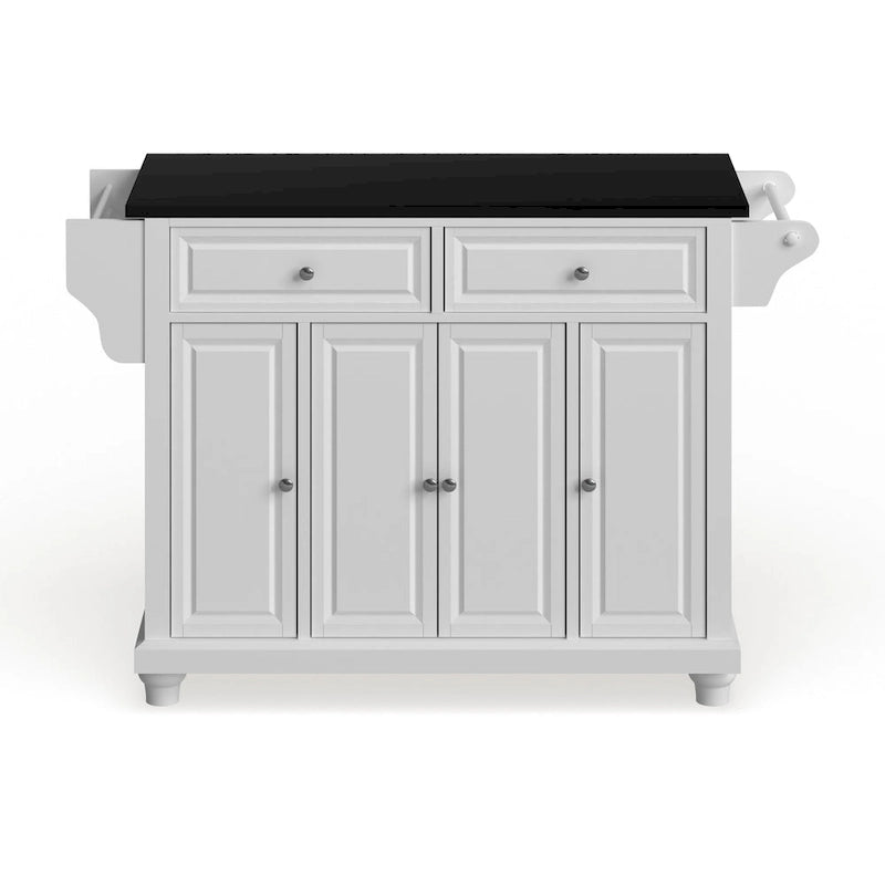 Îlot de cuisine blanc style ferme avec plateau en granit noir, 2 tiroirs et meuble de rangement à 4 portes