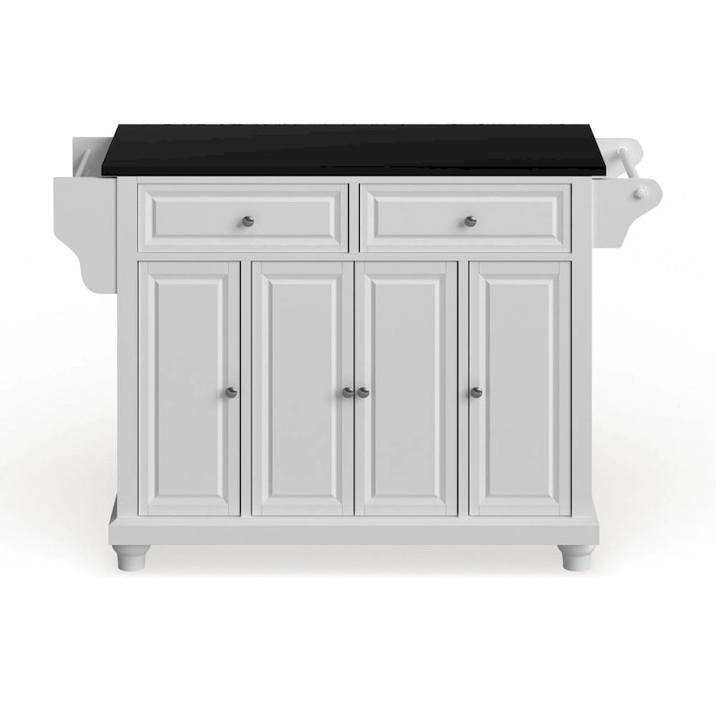 Îlot de cuisine blanc style ferme avec plateau en granit noir, 2 tiroirs et meuble de rangement à 4 portes