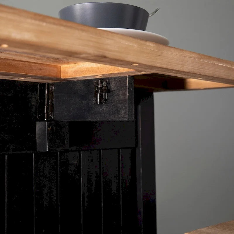 Ilot de cuisine extensible en bois naturel noir avec tiroirs et étagères