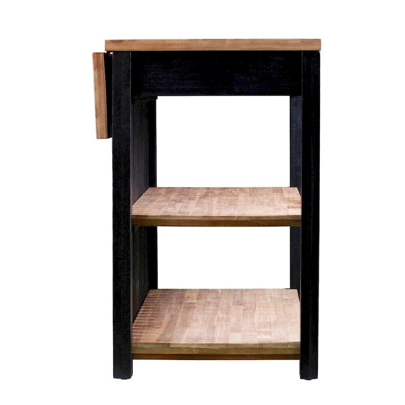 Ilot de cuisine extensible en bois naturel noir avec tiroirs et étagères