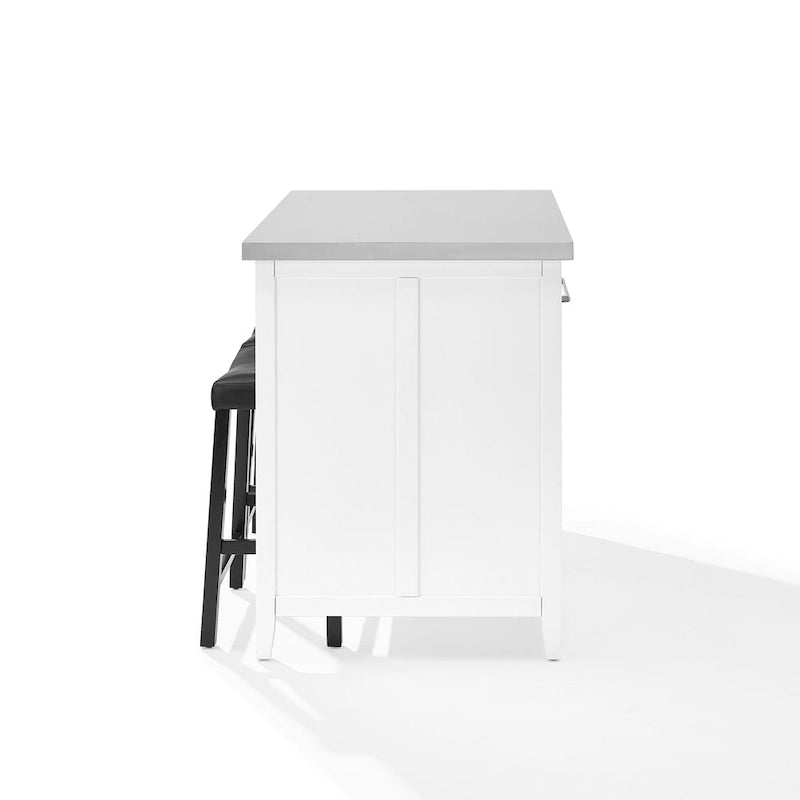 Îlot de cuisine blanc avec plateau en acier inoxydable, tiroirs et étagères ouvertes