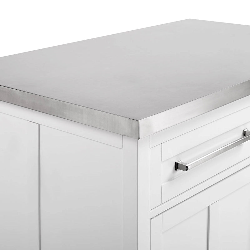 Îlot de cuisine blanc avec plateau en acier inoxydable, tiroirs et étagères ouvertes