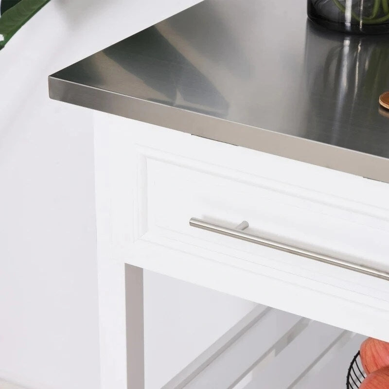 Desserte de cuisine roulante blanche avec plateau en acier inoxydable, 2 tiroirs, 2 étagères ouvertes, roues verrouillables