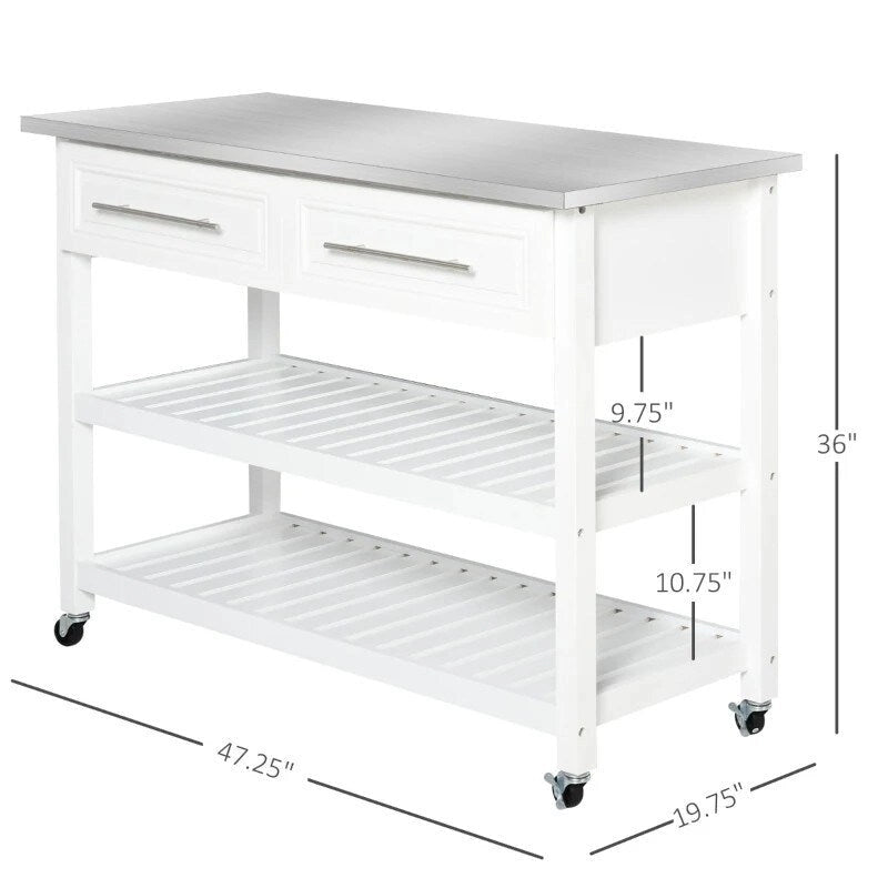 Desserte de cuisine roulante blanche avec plateau en acier inoxydable, 2 tiroirs, 2 étagères ouvertes, roues verrouillables