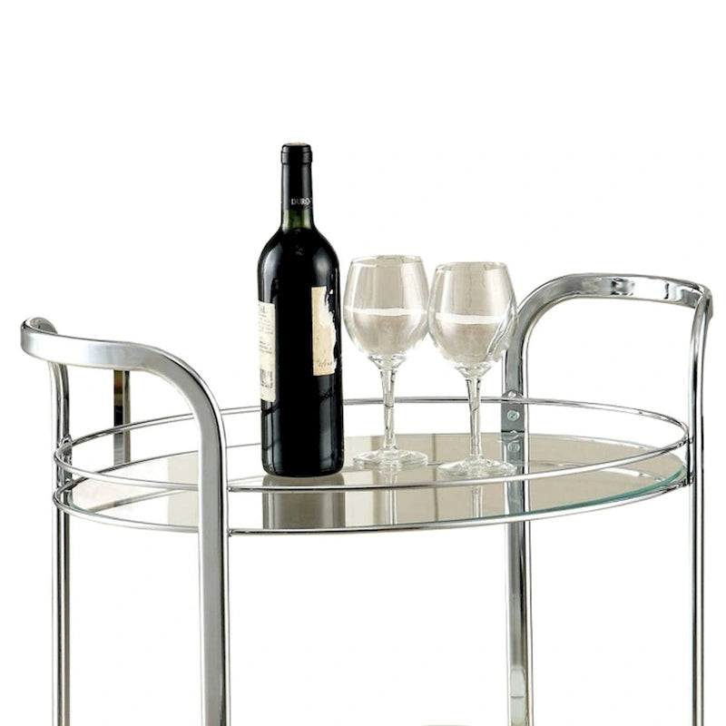 Desserte contemporaine chromée avec plateaux en verre trempé et roulettes