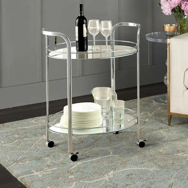 Desserte contemporaine chromée avec plateaux en verre trempé et roulettes