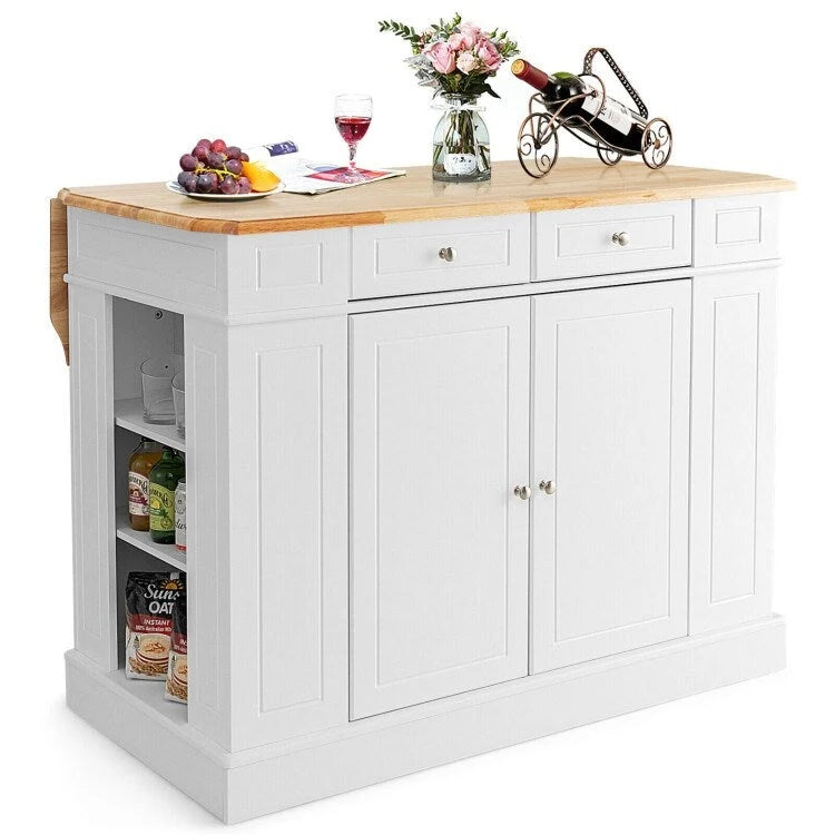Îlot de cuisine avec plan de travail abattant en bois d'hévéa et armoire de rangement blanche