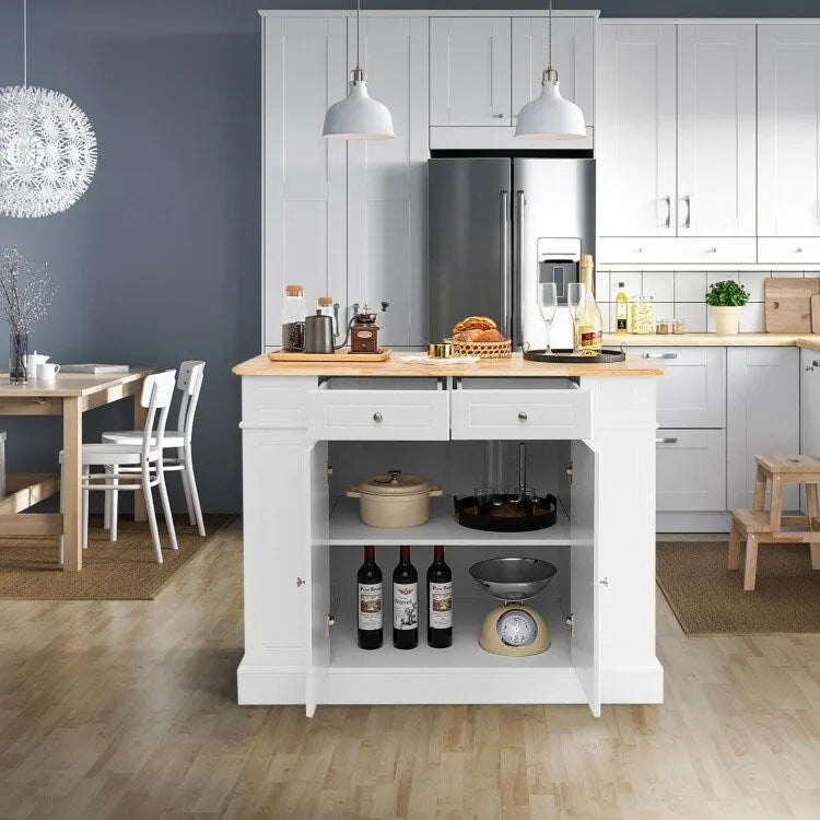 Îlot de cuisine avec plan de travail abattant en bois d'hévéa et armoire de rangement blanche