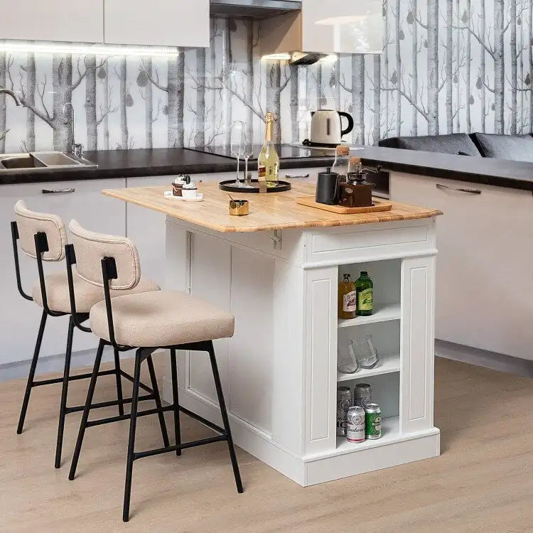 Îlot de cuisine avec plan de travail abattant en bois d'hévéa et armoire de rangement blanche