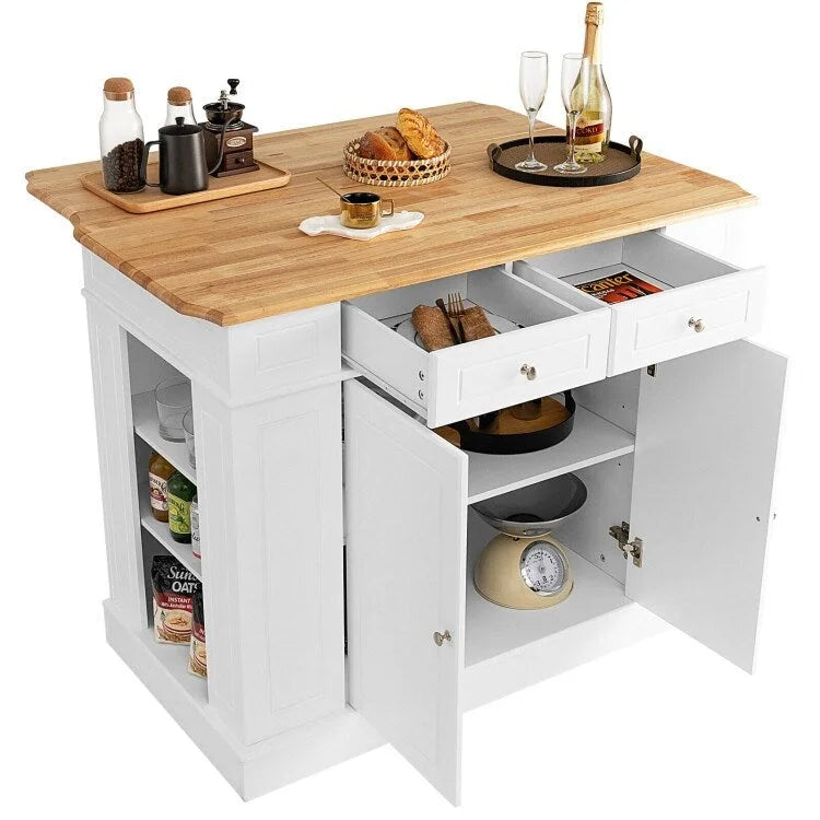Îlot de cuisine avec plan de travail abattant en bois d'hévéa et armoire de rangement blanche