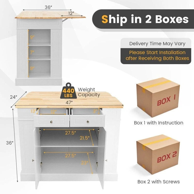 Îlot de cuisine avec plan de travail abattant en bois d'hévéa et armoire de rangement blanche