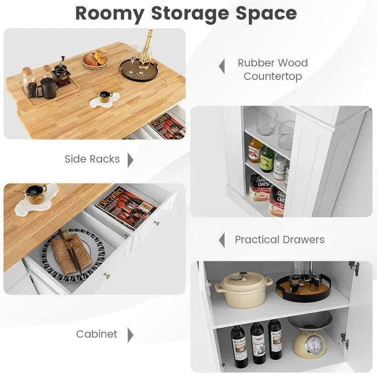 Îlot de cuisine avec plan de travail abattant en bois d'hévéa et armoire de rangement blanche