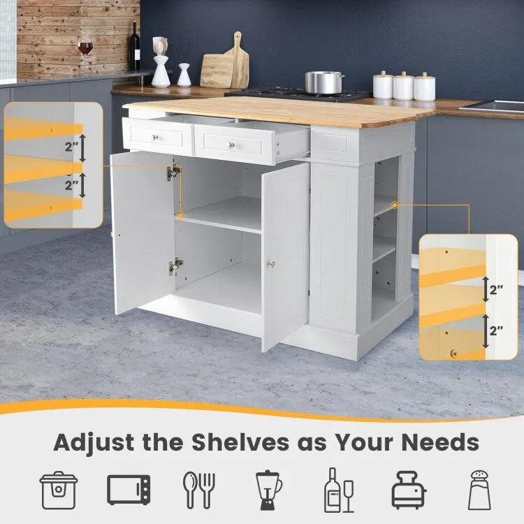 Îlot de cuisine avec plan de travail abattant en bois d'hévéa et armoire de rangement blanche