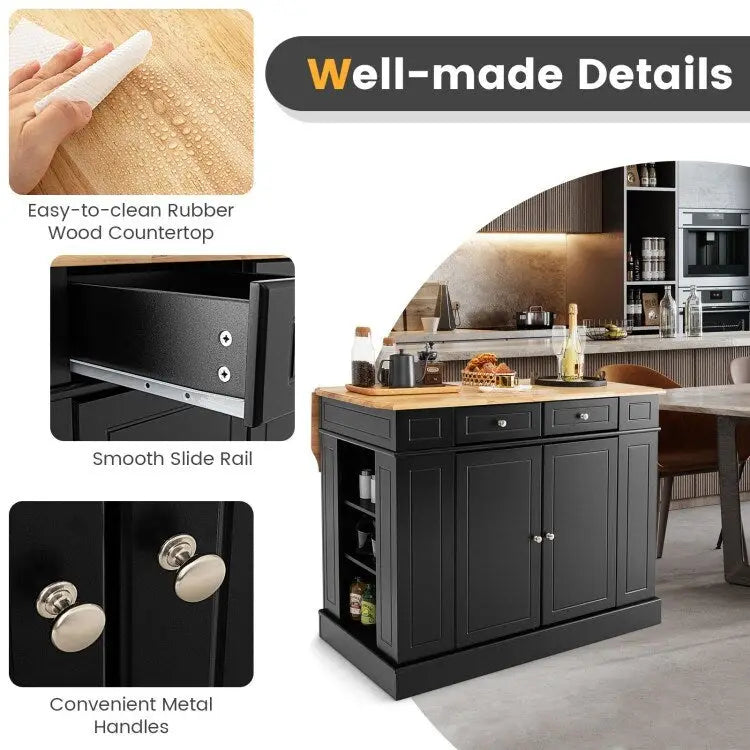 Îlot de cuisine avec plan de travail abattant en bois d'hévéa et armoire de rangement blanche