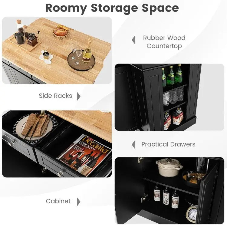 Îlot de cuisine avec plan de travail abattant en bois d'hévéa et armoire de rangement blanche