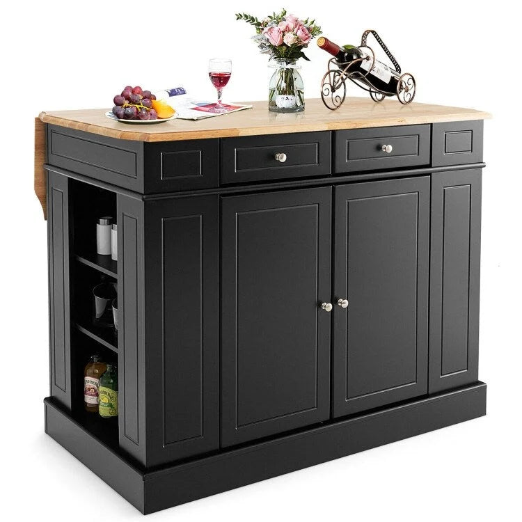 Îlot de cuisine avec plan de travail abattant en bois d'hévéa et armoire de rangement blanche