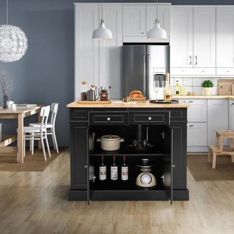 Îlot de cuisine avec plan de travail abattant en bois d'hévéa et armoire de rangement blanche
