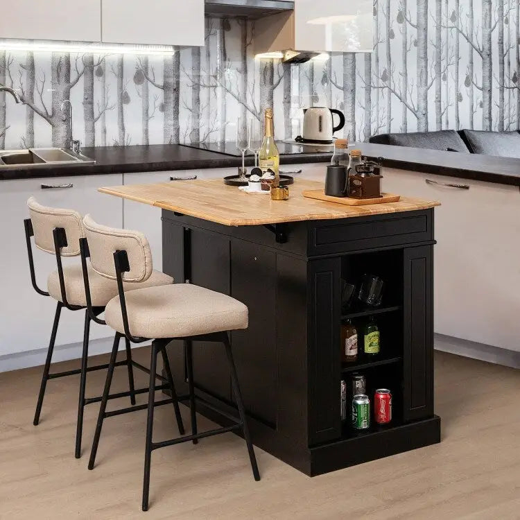 Îlot de cuisine avec plan de travail abattant en bois d'hévéa et armoire de rangement blanche