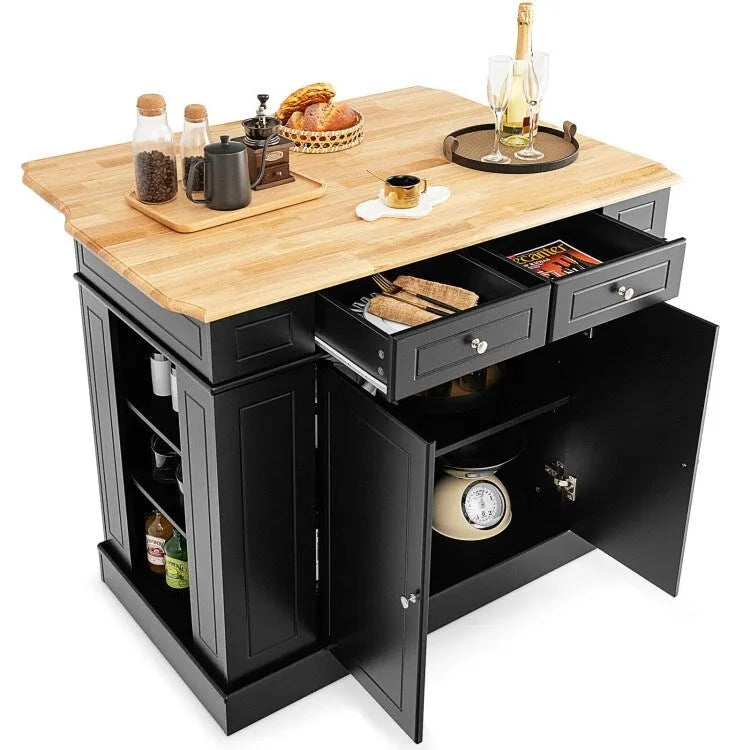 Îlot de cuisine avec plan de travail abattant en bois d'hévéa et armoire de rangement blanche