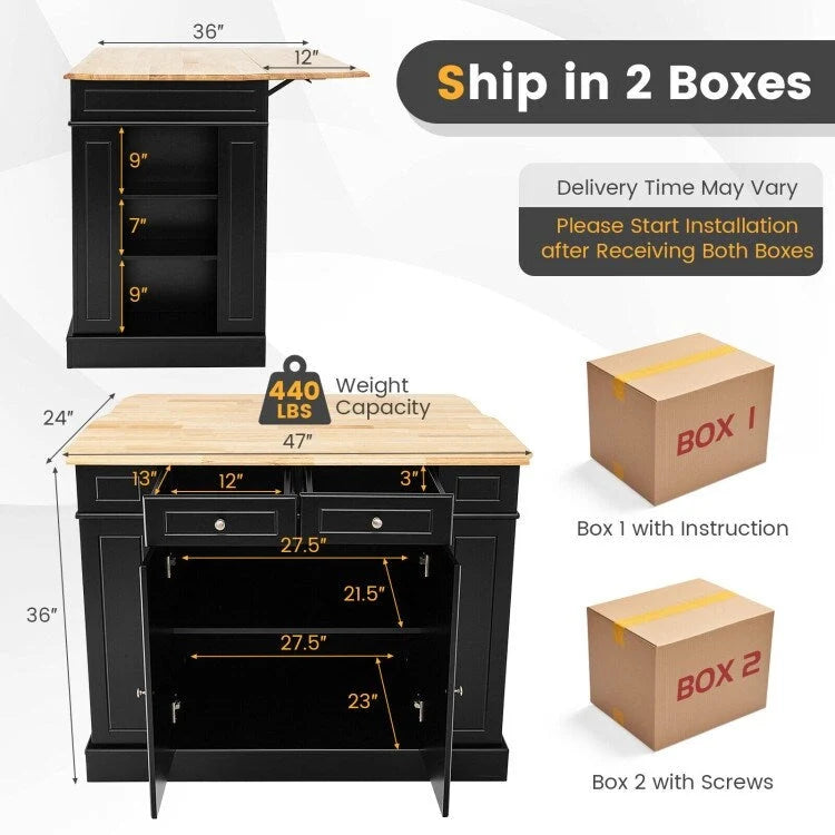 Îlot de cuisine avec plan de travail abattant en bois d'hévéa et armoire de rangement blanche