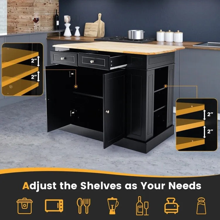 Îlot de cuisine avec plan de travail abattant en bois d'hévéa et armoire de rangement blanche