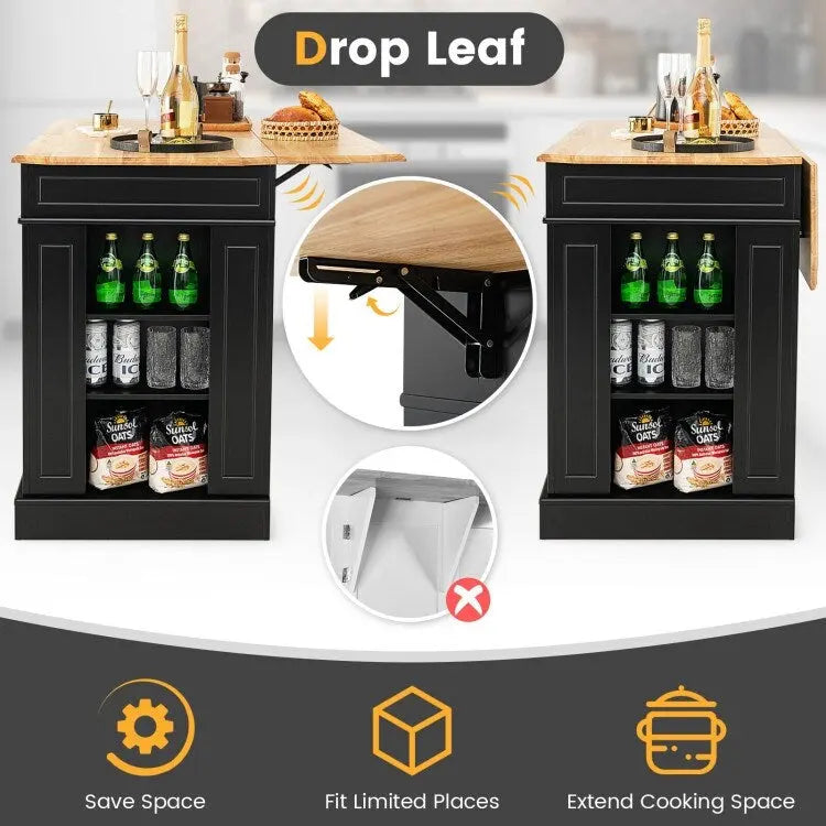 Îlot de cuisine avec plan de travail abattant en bois d'hévéa et armoire de rangement blanche