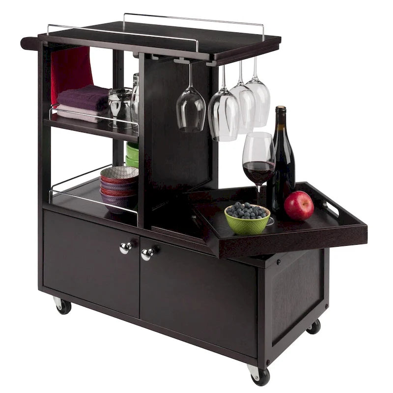 Desserte de bar en bois espresso avec accents métalliques, plateau de service, porte-bouteilles