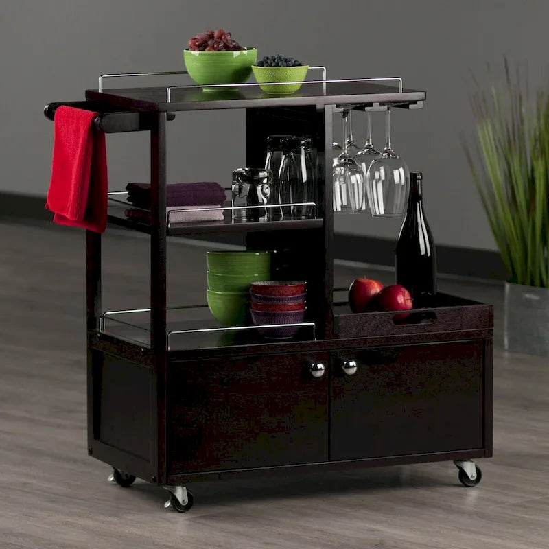 Desserte de bar en bois espresso avec accents métalliques, plateau de service, porte-bouteilles