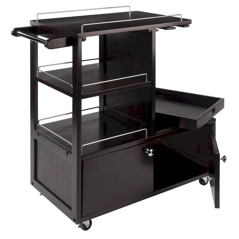 Desserte de bar en bois espresso avec accents métalliques, plateau de service, porte-bouteilles