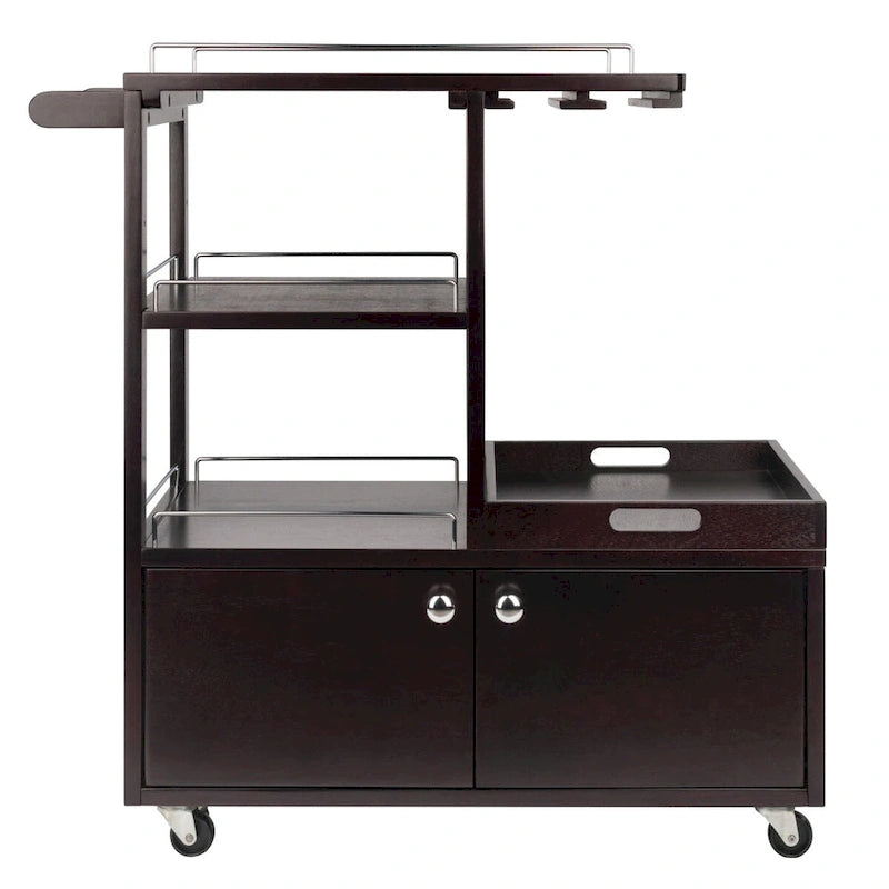 Desserte de bar en bois espresso avec accents métalliques, plateau de service, porte-bouteilles