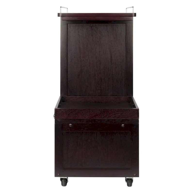 Desserte de bar en bois espresso avec accents métalliques, plateau de service, porte-bouteilles