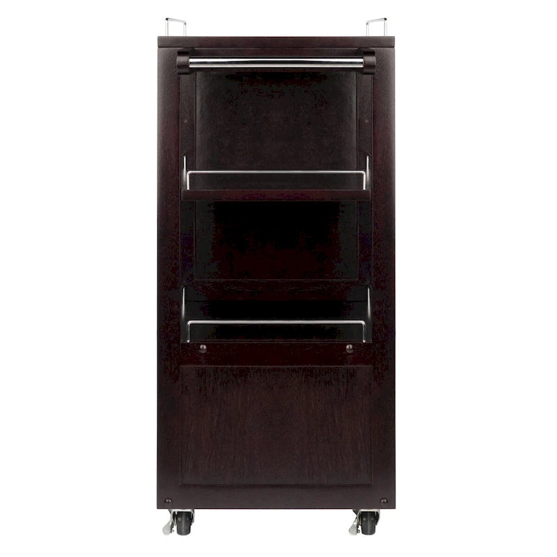 Desserte de bar en bois espresso avec accents métalliques, plateau de service, porte-bouteilles
