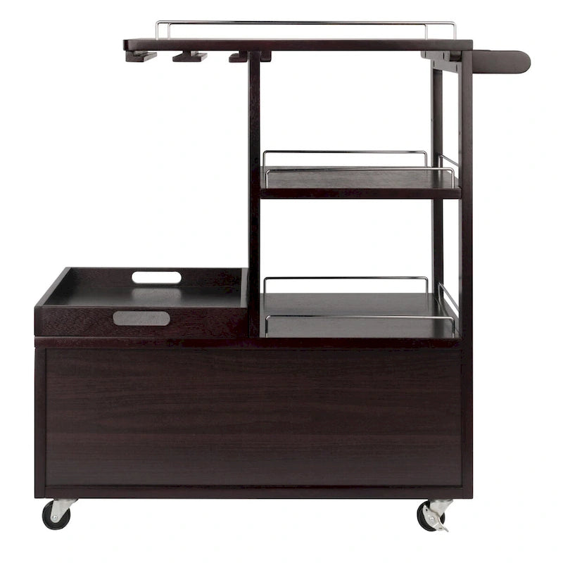 Desserte de bar en bois espresso avec accents métalliques, plateau de service, porte-bouteilles