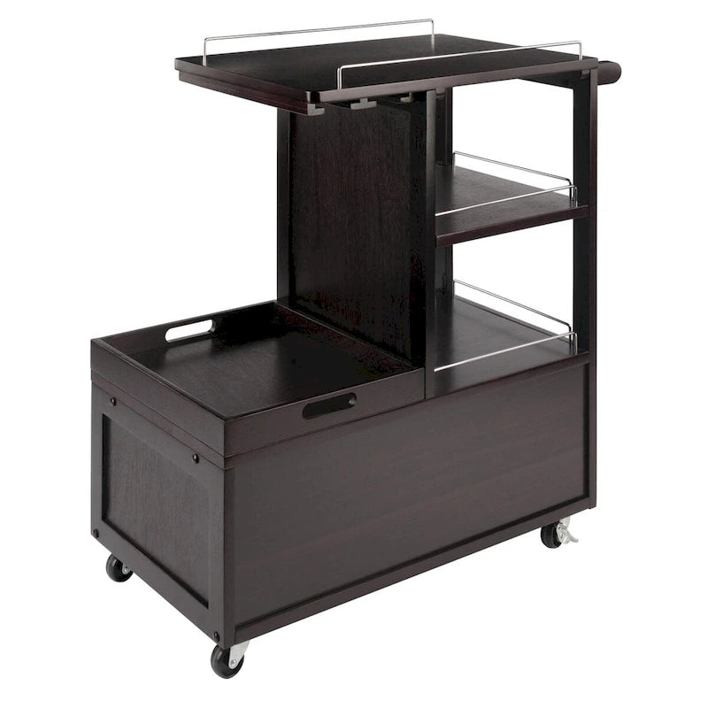 Desserte de bar en bois espresso avec accents métalliques, plateau de service, porte-bouteilles