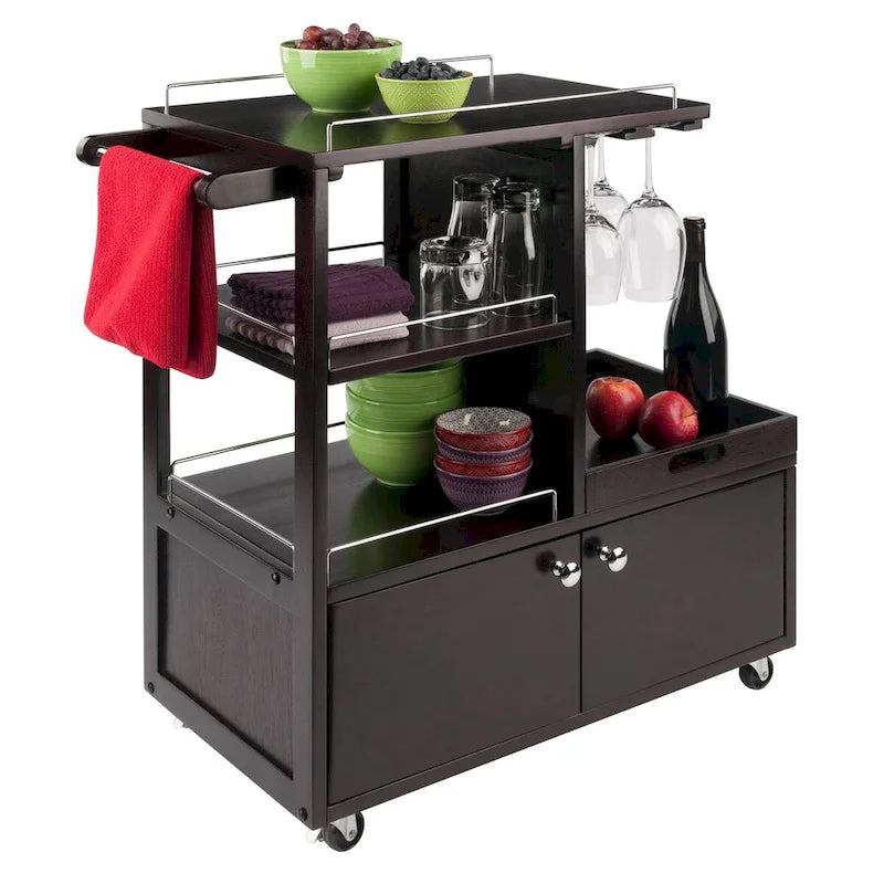 Desserte de bar en bois espresso avec accents métalliques, plateau de service, porte-bouteilles