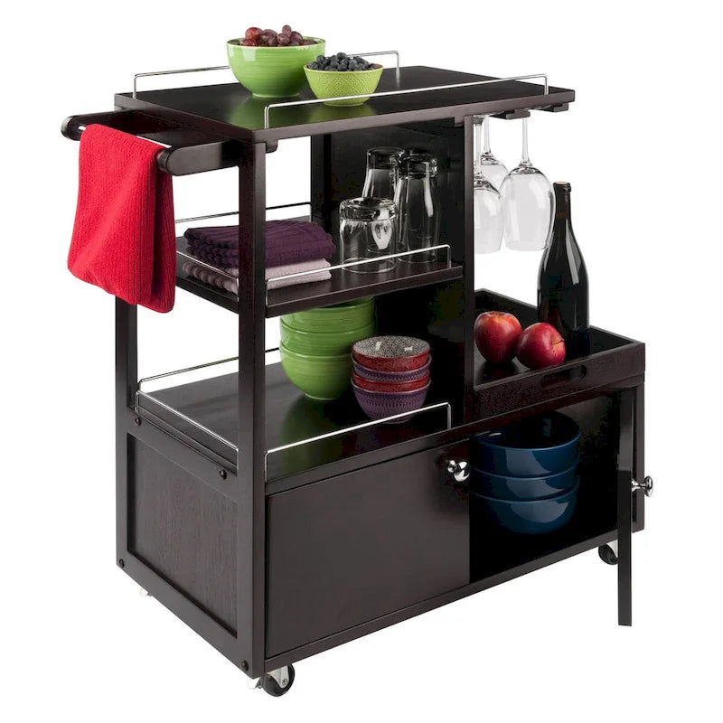 Desserte de bar en bois espresso avec accents métalliques, plateau de service, porte-bouteilles