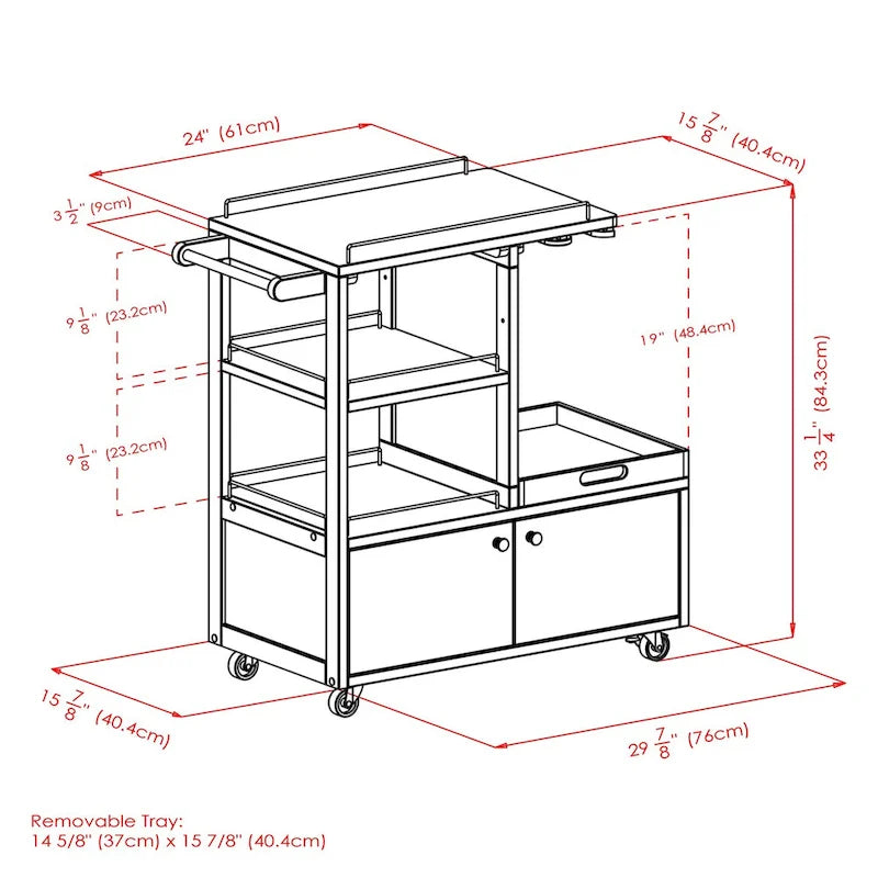 Desserte de bar en bois espresso avec accents métalliques, plateau de service, porte-bouteilles