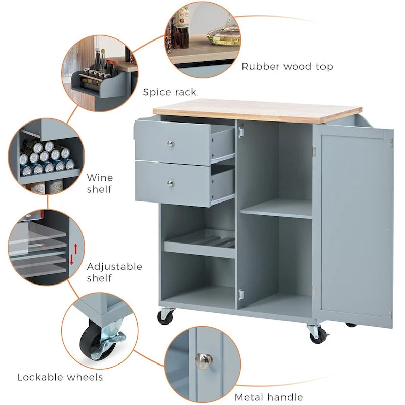 Dessin de chariot de cuisine roulant avec deux tiroirs, étagères ouvertes, armoire et roues verrouillables, noir