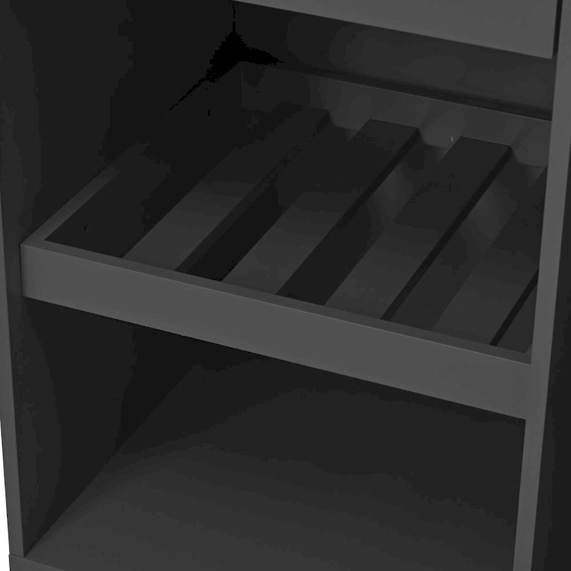 Dessin de chariot de cuisine roulant avec deux tiroirs, étagères ouvertes, armoire et roues verrouillables, noir