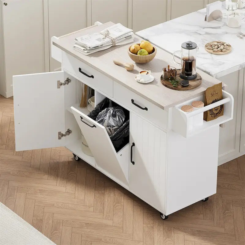 Desserte îlot de cuisine roulante avec rangement pour poubelle et plateau abattant