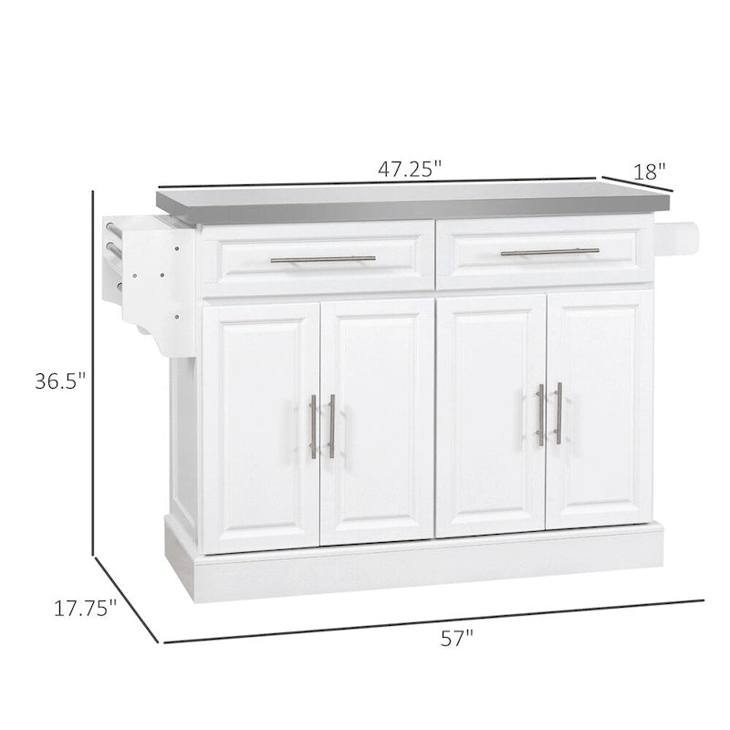 Chariot de cuisine blanc avec plateau en acier inoxydable et roulettes