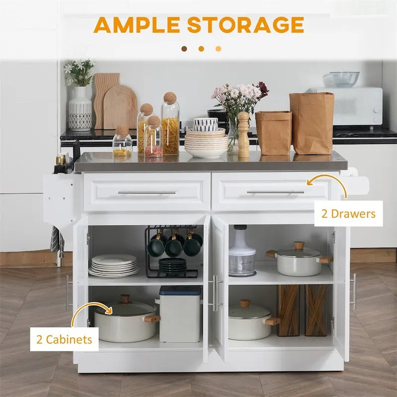 Chariot de cuisine blanc avec plateau en acier inoxydable et roulettes