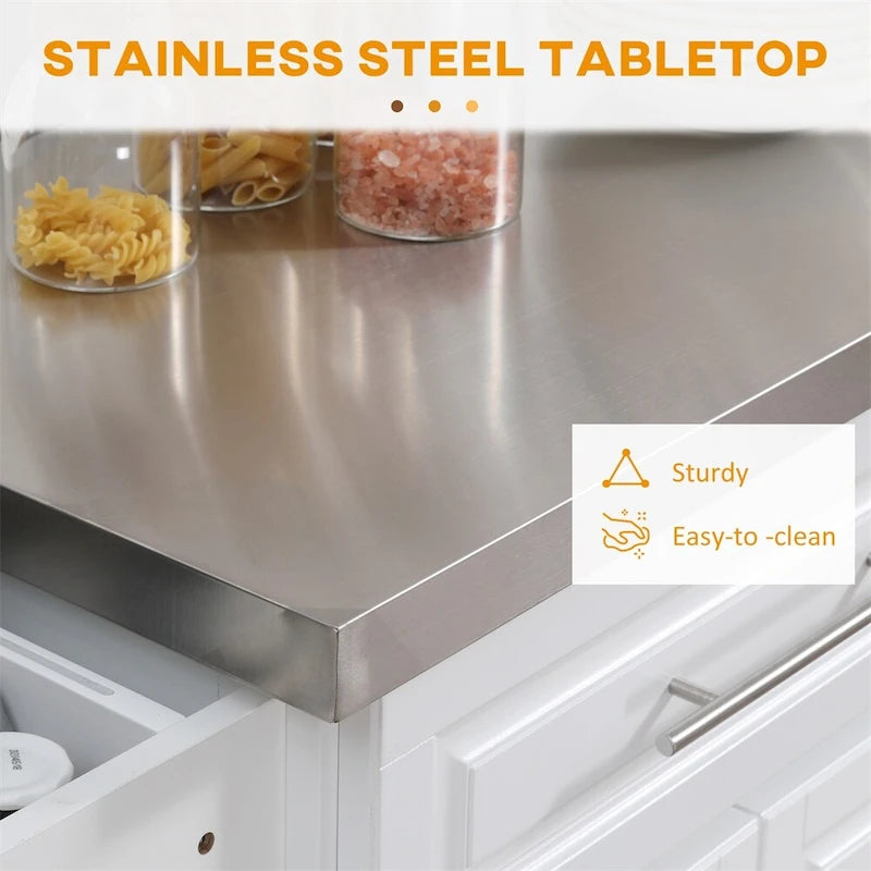 Chariot de cuisine blanc avec plateau en acier inoxydable et roulettes