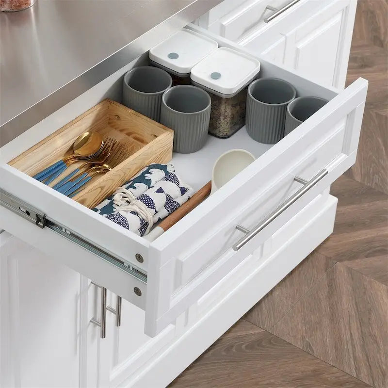 Chariot de cuisine blanc avec plateau en acier inoxydable et roulettes