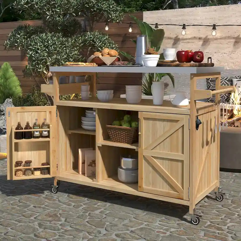 Outdoor Kitchen Island, Rolling Bar Cart & Storage Cabinet,Solid Wood Grill Table with Stainless Steel Top,Spice Rack,Towel Rack