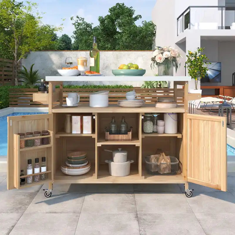 Desserte de cuisine roulante d'extérieur avec plateau en acier inoxydable Bois naturel