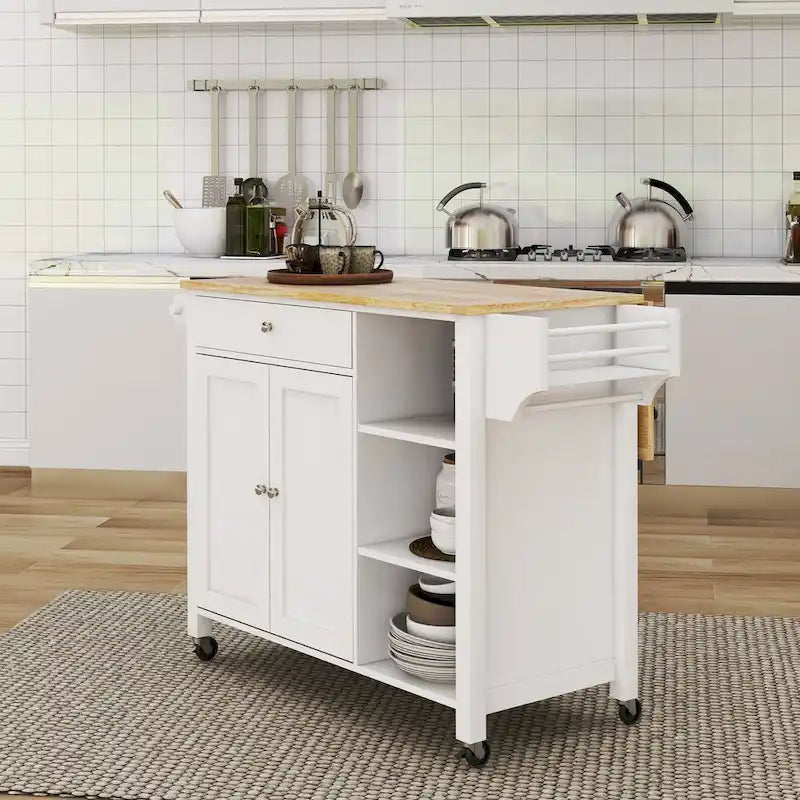Desserte îlot de cuisine en bois blanc avec portes doubles, tiroir et roulettes verrouillables