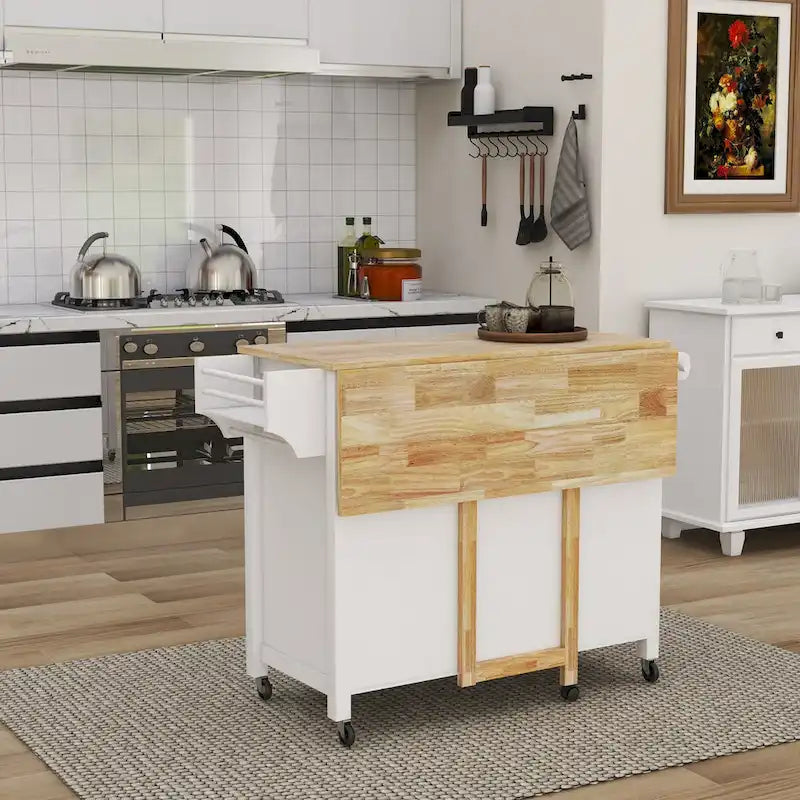 Desserte îlot de cuisine en bois blanc avec portes doubles, tiroir et roulettes verrouillables